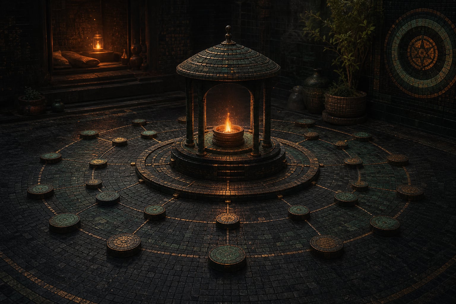 An ember-lit mosaic hearth connected to concentric ledger nodes