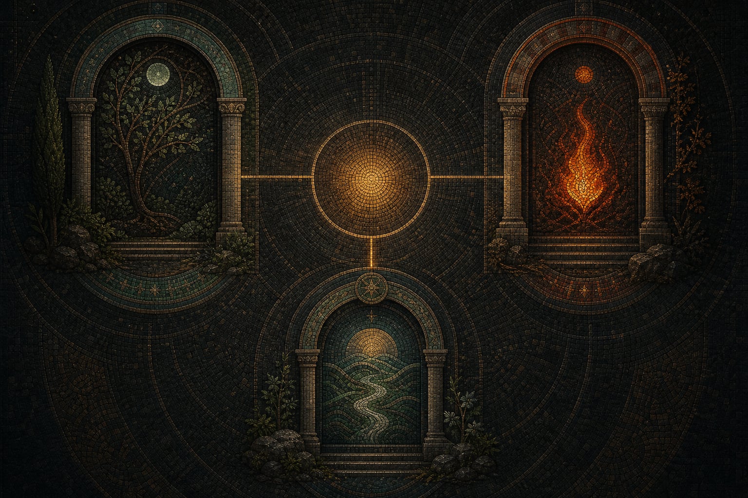 Three independent mosaic sanctuary chambers joined around a central circle