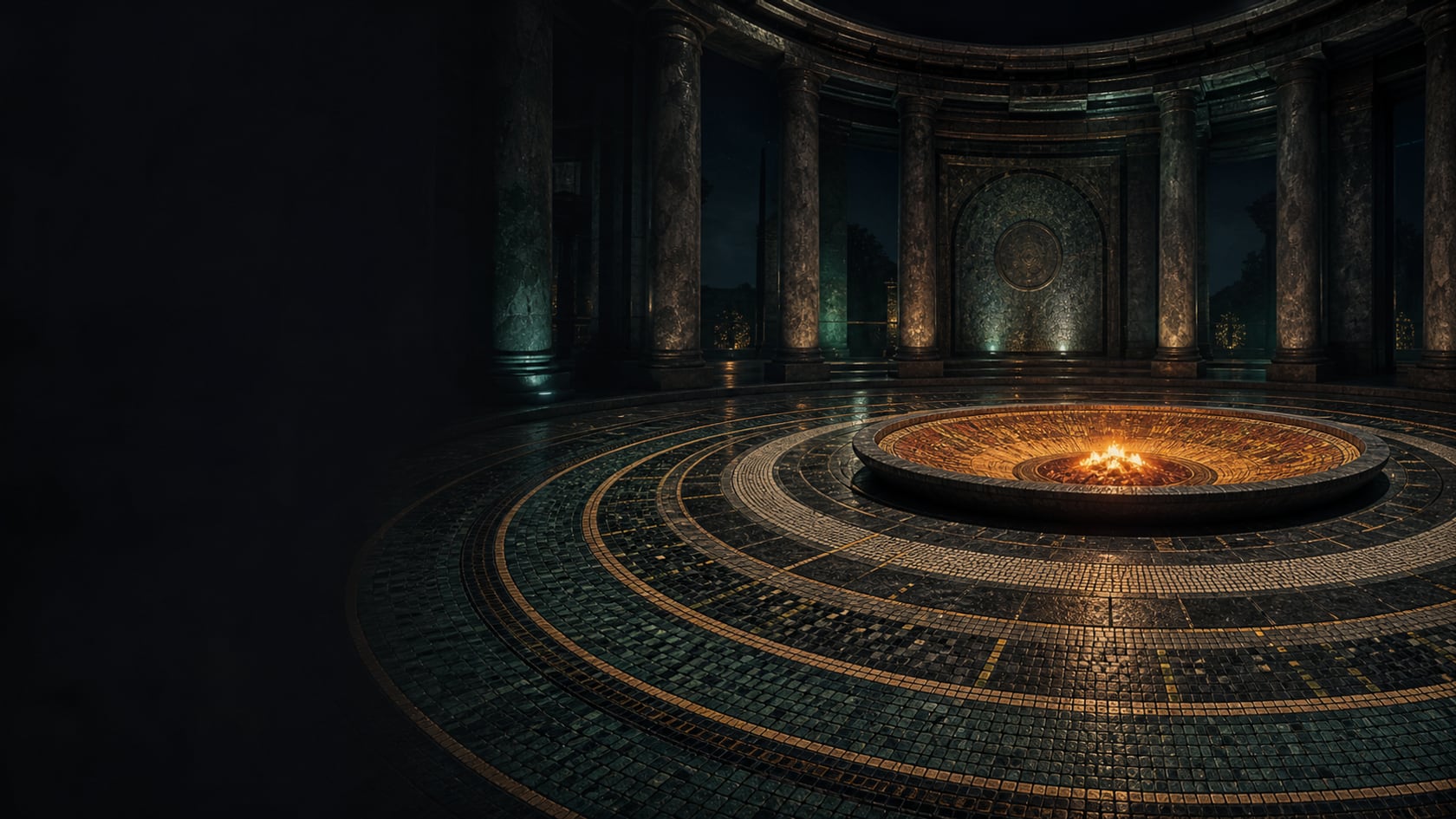 A luminous ember mosaic hearth inside a circular stone sanctuary